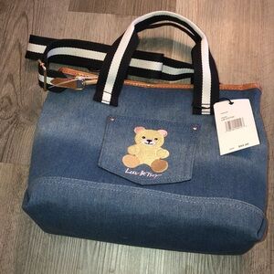 Betsey Johnson LBADDIE Blue Denim Tote Handbag With Embroidered Teddy Bear NWT